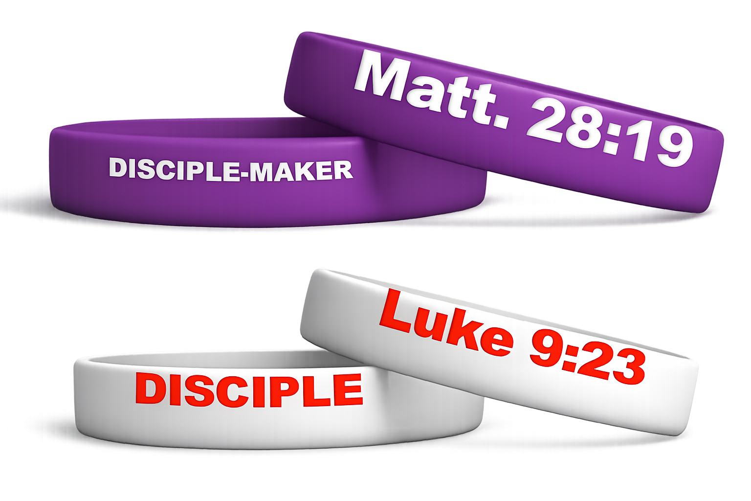 Disciple-Maker and Disciple wristbands with scripture references Matthew 28:19 and Luke 9:23