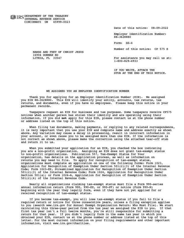 IRS EIN Assignment Letter for The Hands and Feet of Christ Jesus, EIN 88-3628880, dated August 9, 2022