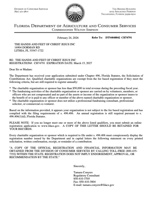FDACS Compliance Letter for The Hands and Feet of Christ Jesus Inc, Registration CH74791, expires March 15, 2027