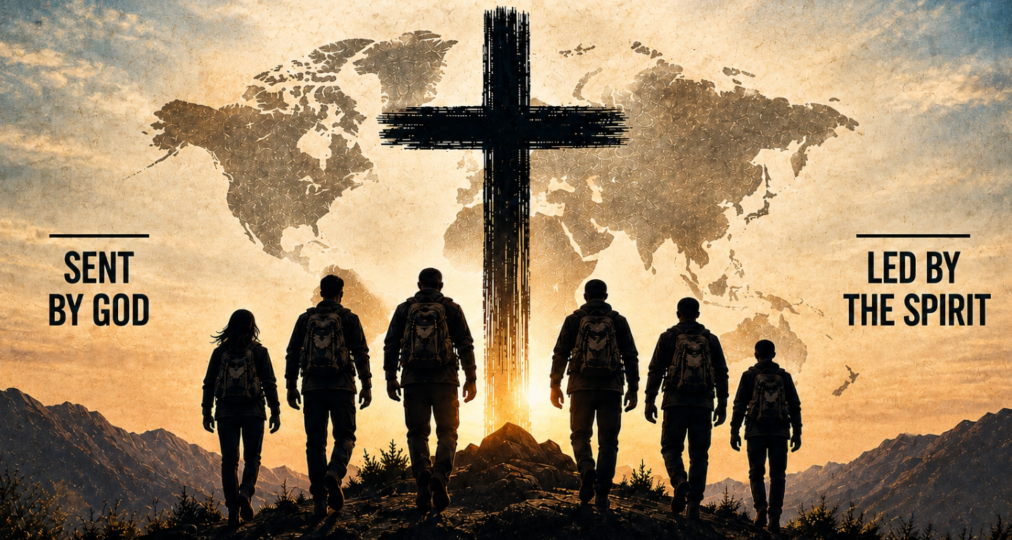 Missionaries walking toward a cross, sent by God and led by the Spirit